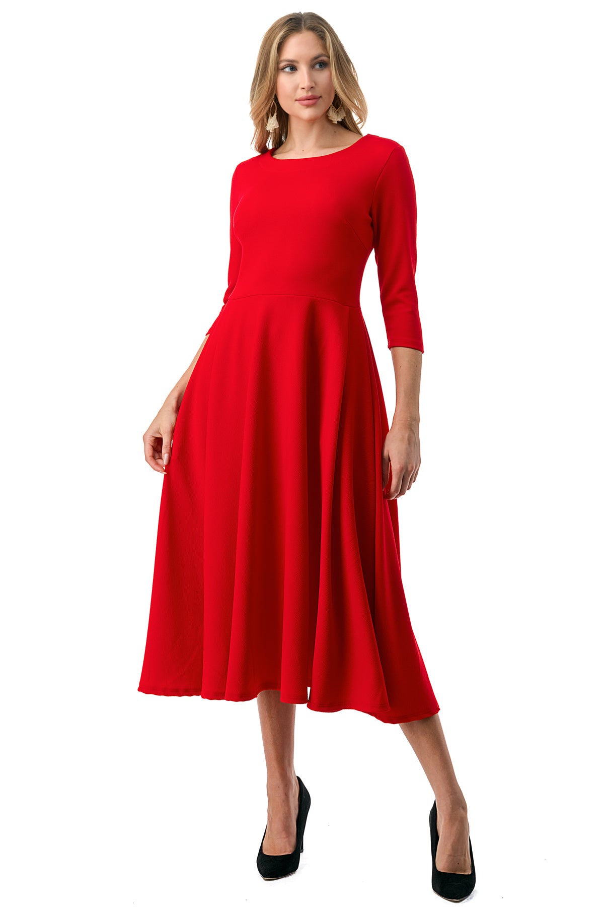 Midi, A-Line Dress with 3/4 Sleeves and Pockets