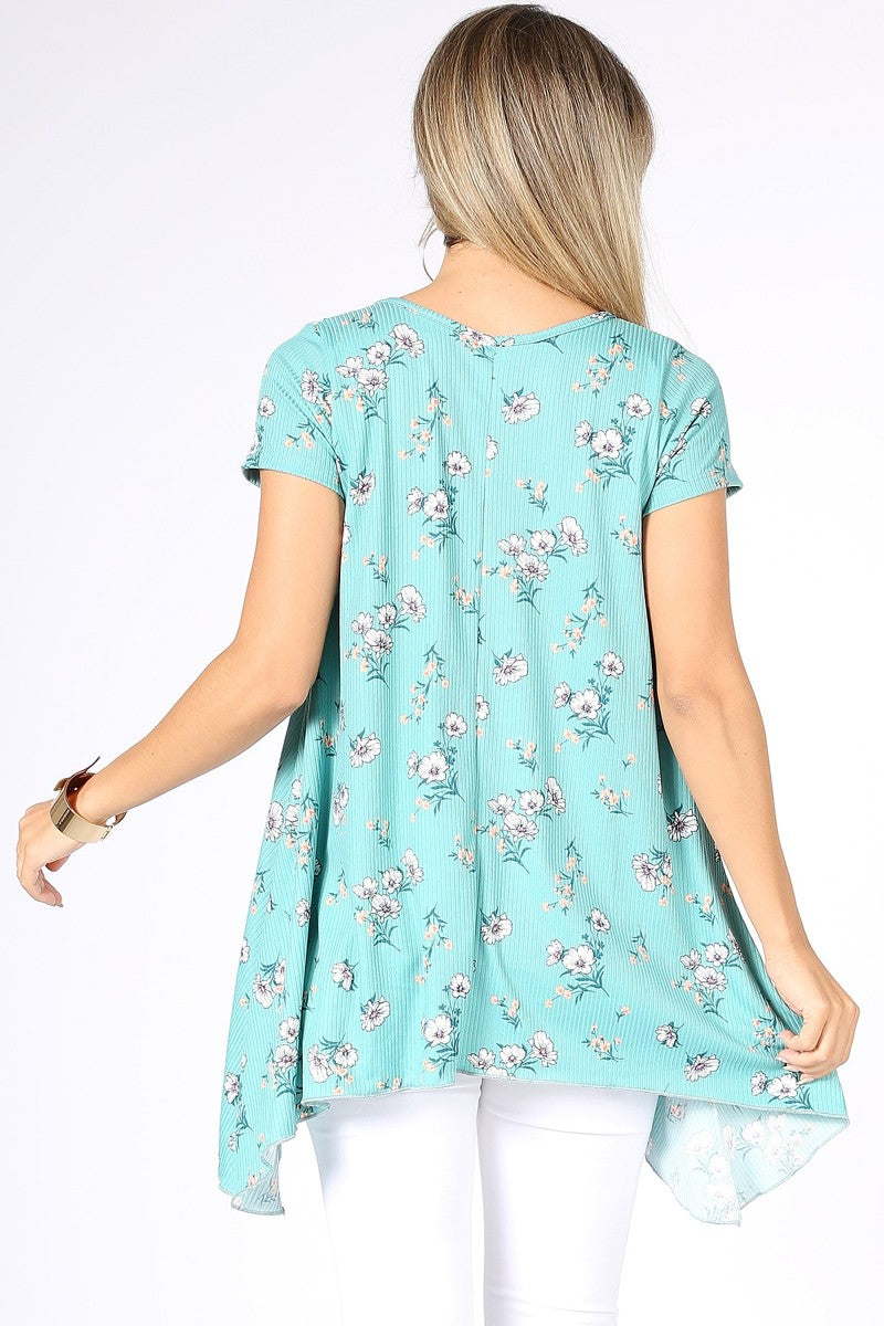 Floral Print Asymmetrical Tunic with Short Sleeve