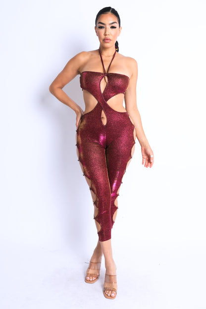 Glittery Cutout Halter Neck Keyhole Sexy Party Jumpsuit FUCHSIA/GOLD