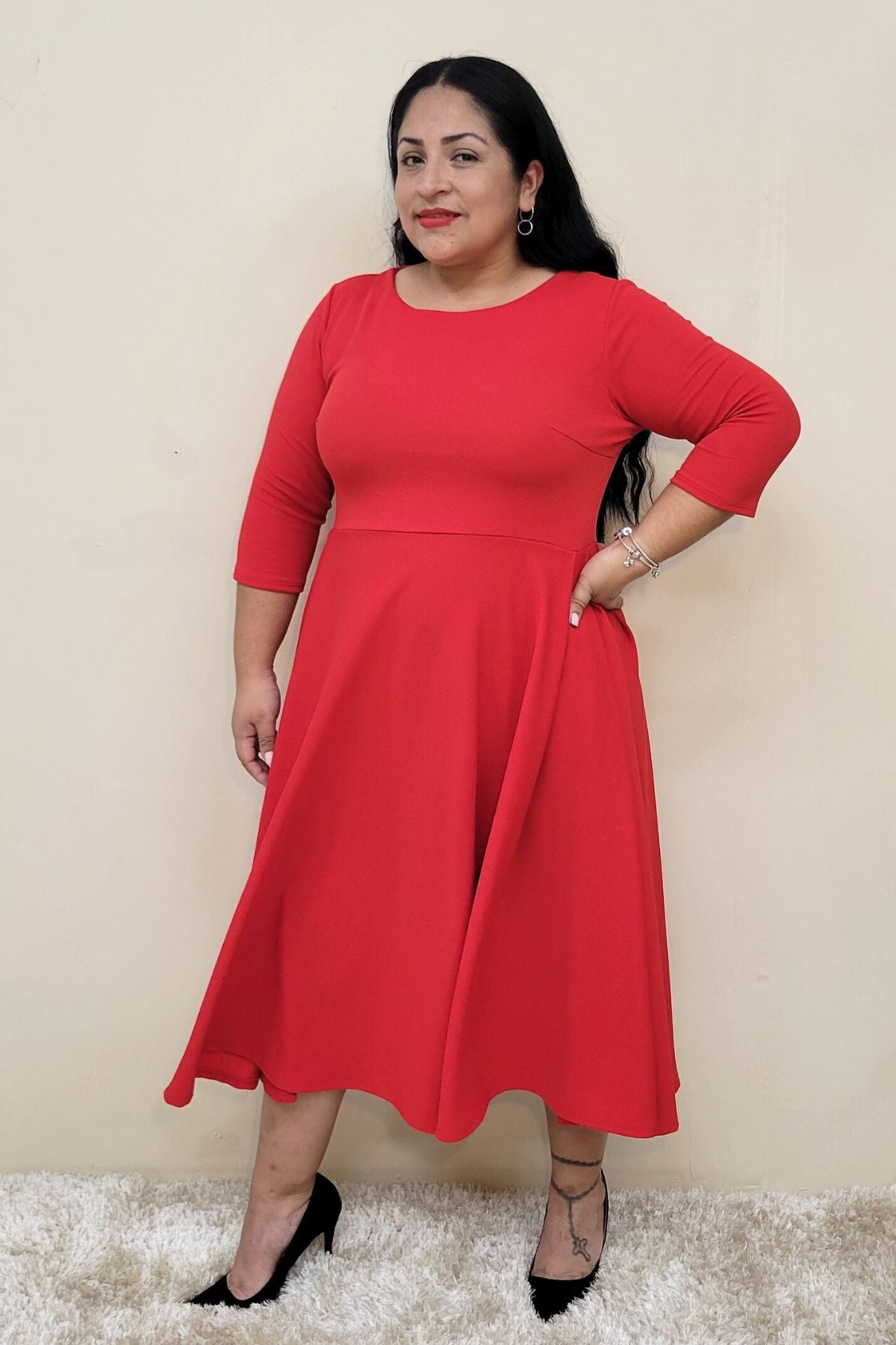 Plus Size Midi, A-Line Dress with 3/4 Sleeves and Pockets