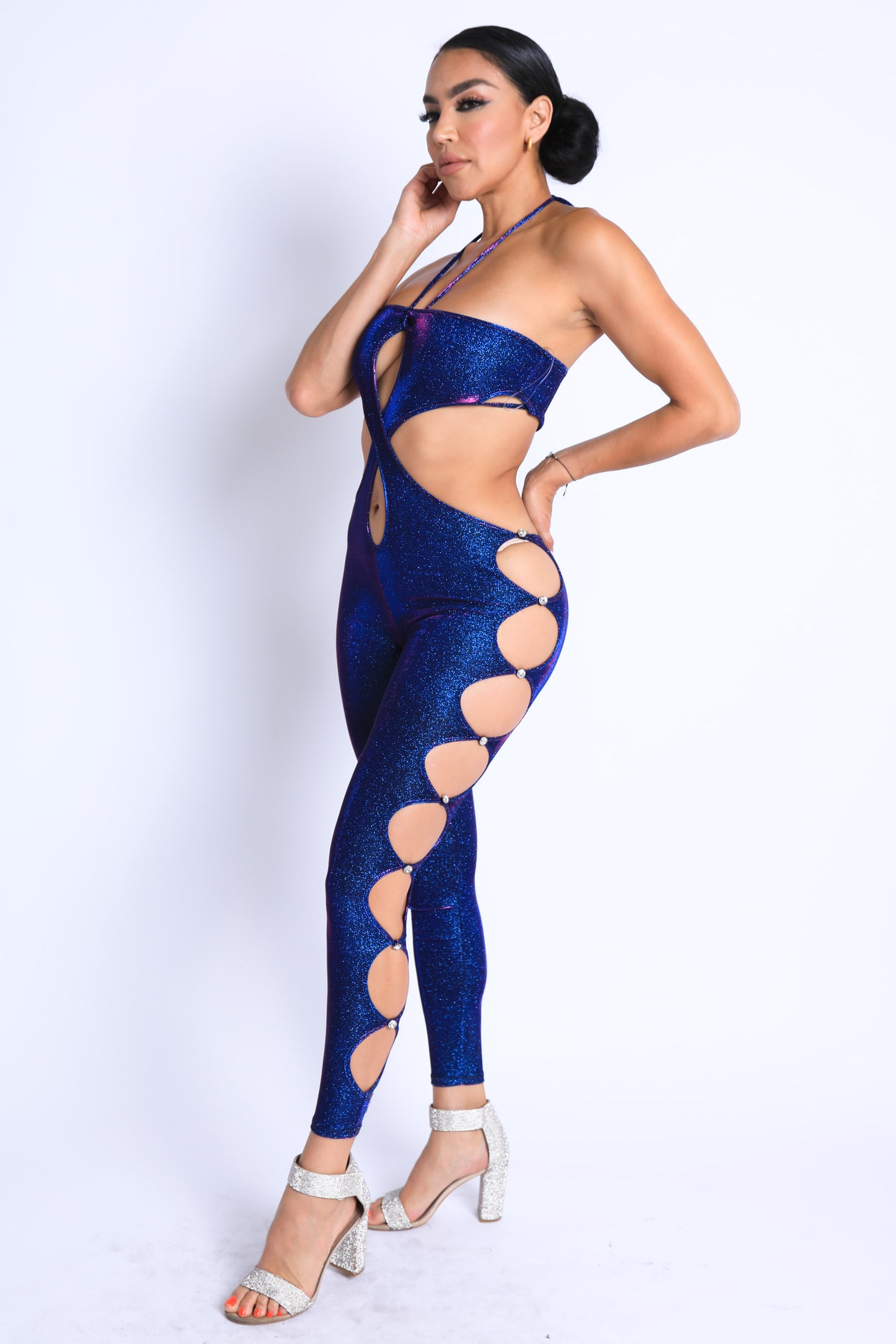 Glittery Cutout Halter Neck Keyhole Sexy Party Jumpsuit BLUE/FUCHSIA