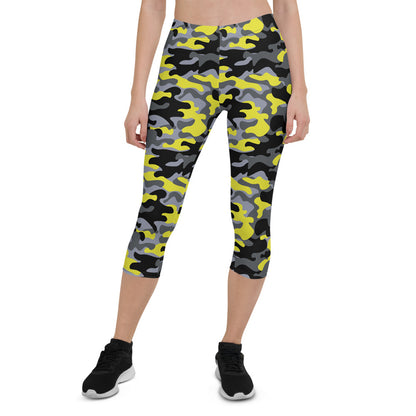 Yellow and Gray Camo Capri Leggings