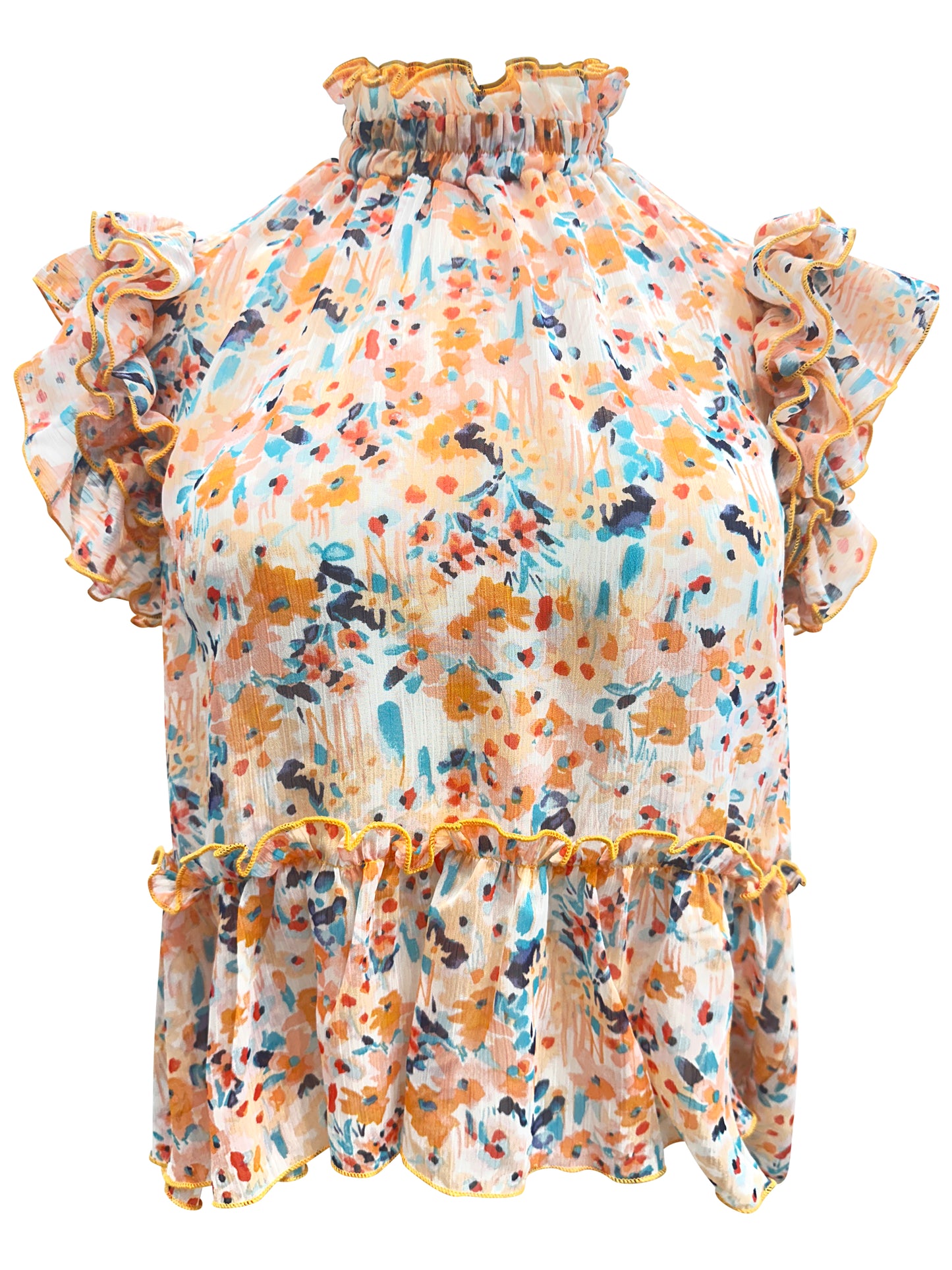 High-Neck Ruffle Sleeve Floral Blouse