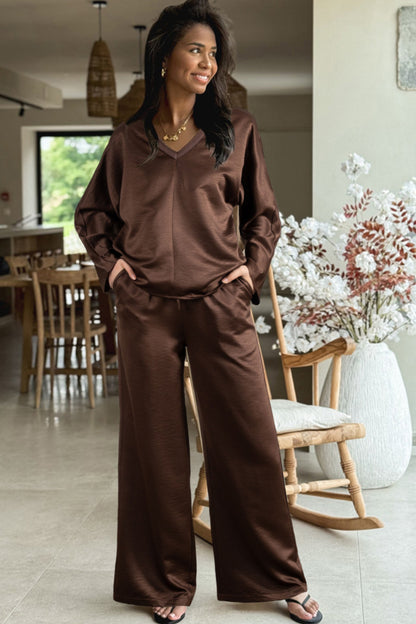 Dark Brown Braided V Neck Long Sleeve Loose Top and Drawstring High Waist Pants 2pcs Outfit