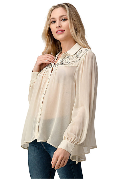 Embroidered Sheer Button-Up Blouse – Casual Elegance