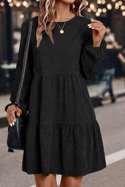 Black Lantern Sleeve Tiered Mini Dress