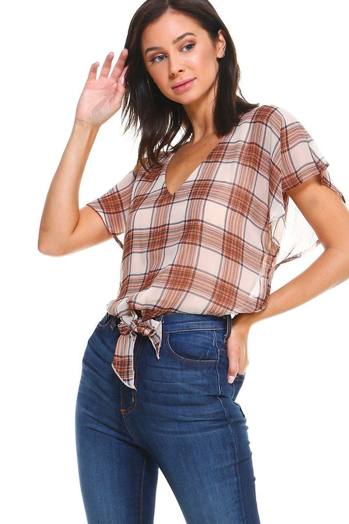 Plaid Tie Back Blouse Top